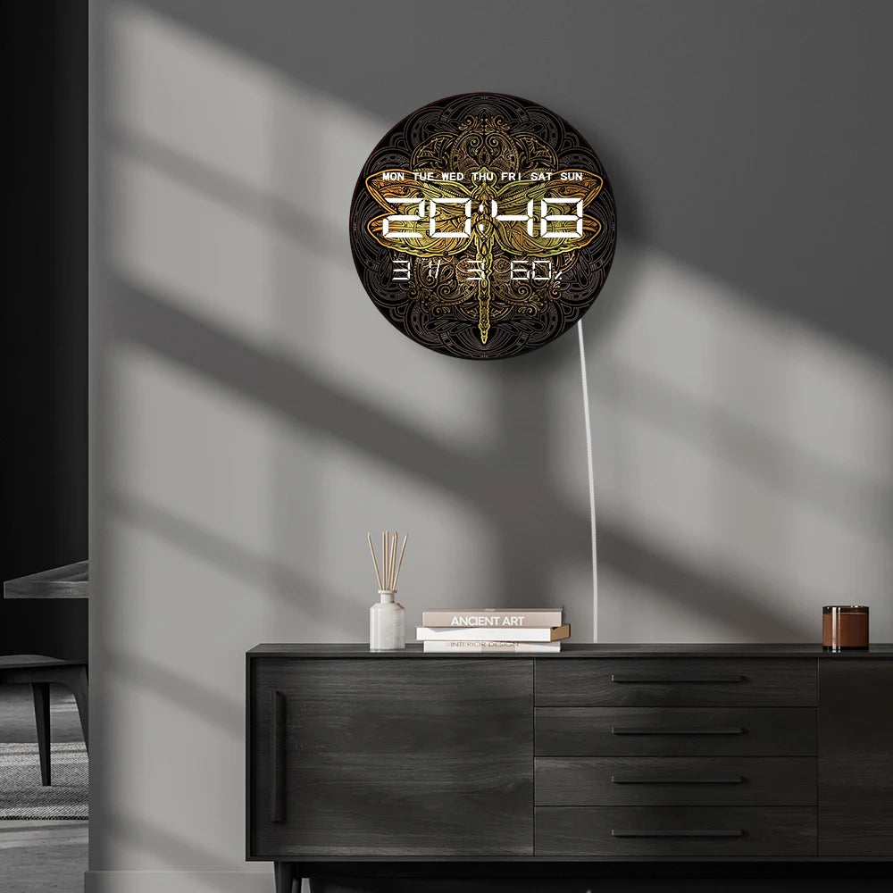 Golden Mandala Dragonfly LED Digital Wall Clock Spiritual Home Decor Electric Wall Clock with 12/24hr Date Calendar Temperature