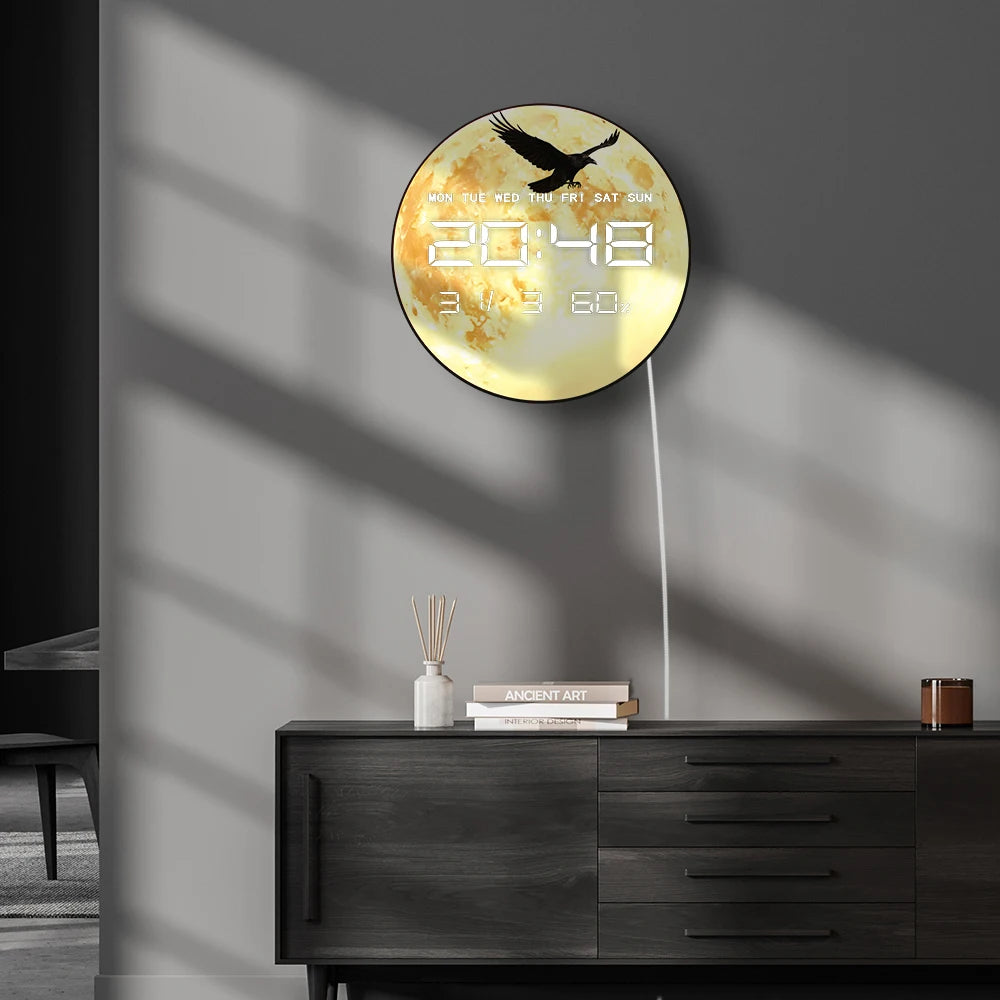 Raven Flying Over Full Moon LED Digital Clock Timer Calendar Date Temperature Crescent Moon Home Decor 12/24hr Electronic Clock