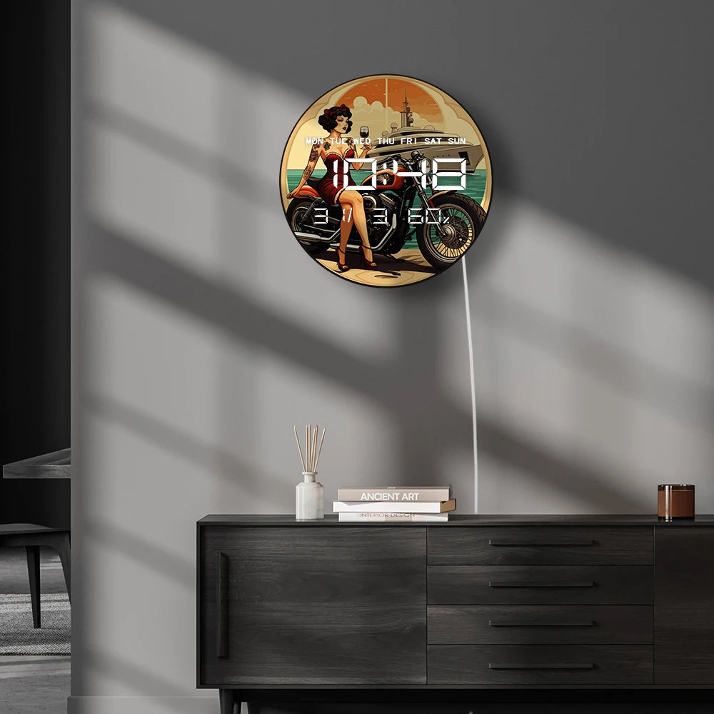 Pinup Style Tattoo Lady with Motorcycle LED Digital Wall Clock Big Display Electronic Wall Clock with Temperature Calendar Date