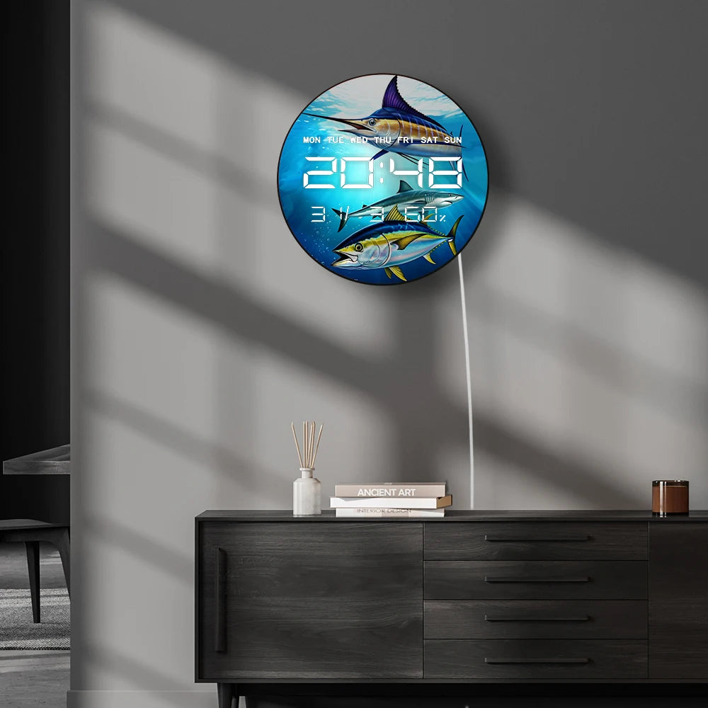 Shark Tuna Kingfish LED Digital Wall Clock with Calendar Date Temperature Atlantic Blue Marlin Art 12/24hr Electronic Wall Clock