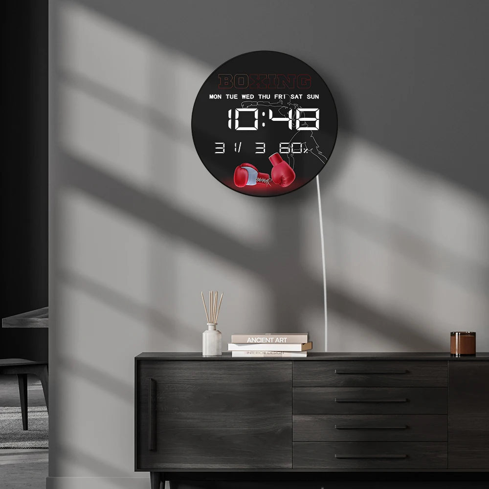 Red Boxing Gloves LED Auto Dimming Digital Clock Wall Desk Use Boxer Punch Training Fight Multifunctional Electronic Wall Clock