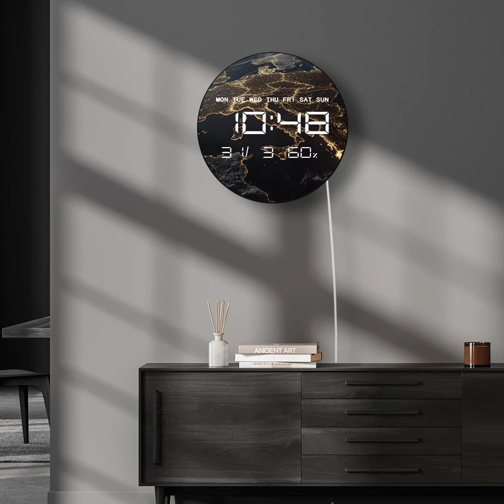 Space View Of Earth At Night LED Digital Wall Clock with Calendar Temperature Auto Dimming 12/24hr Format Electronic Wall Clock