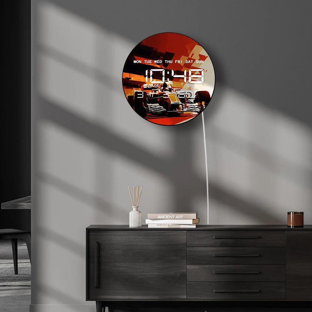 Motorsport Car Racing Big Digital Wall Clock Performance Car Electronic Wall Clock LED Display Calendar Temperature Auto Dimming