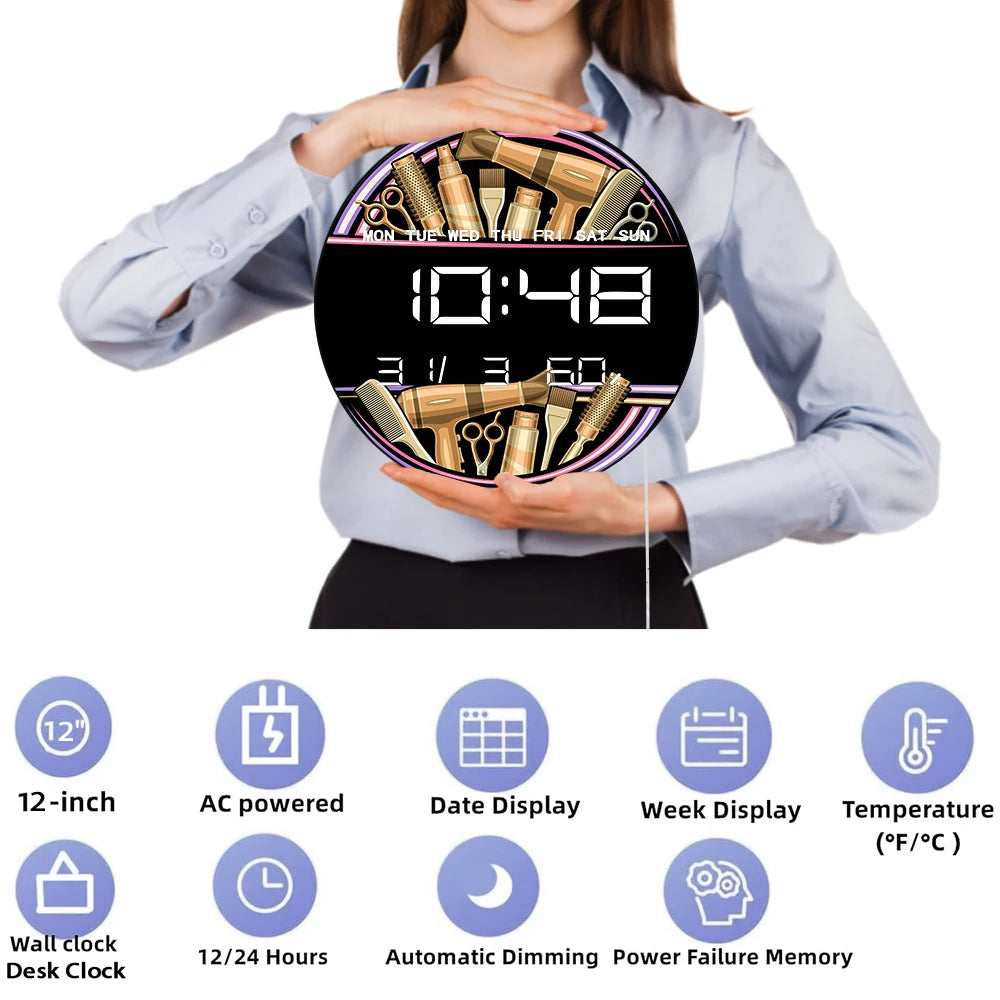 Hair Salon LED Digital Wall Clock Equipment Beauty Tool Decor Electronic Wall Clock Hair Stylist Professional Beauty Salon Clock