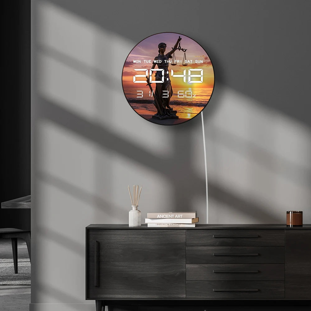 Sunset Beach Lady Justice Statue LED Digital Wall Clock with Calendar Date Temperature Electronic Wall Clock for Law Office Room