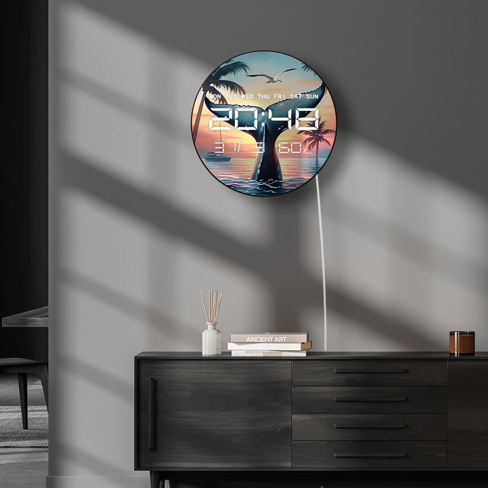 Big Whale Tail LED Digital Wall Clock with Calendar Temperature Auto Dimming Sea Life Home Decor 12/24hour Electronic Wall Clock