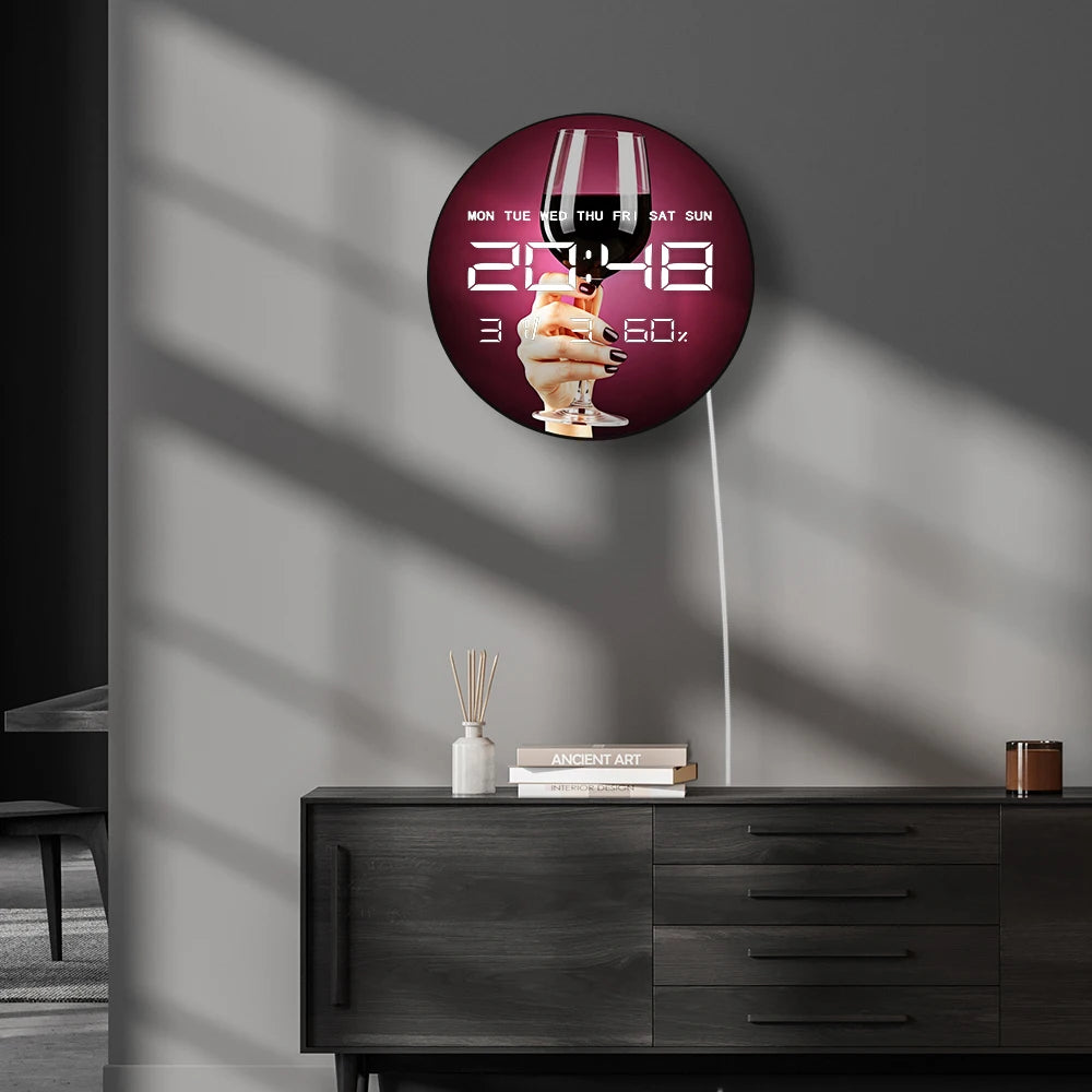 Elegant Glass of Red Wine Modern Design LED Digital Wall Clock for Home Bar Pub Samrt Auto Dimming 12/24hr Electronic Wall Clock