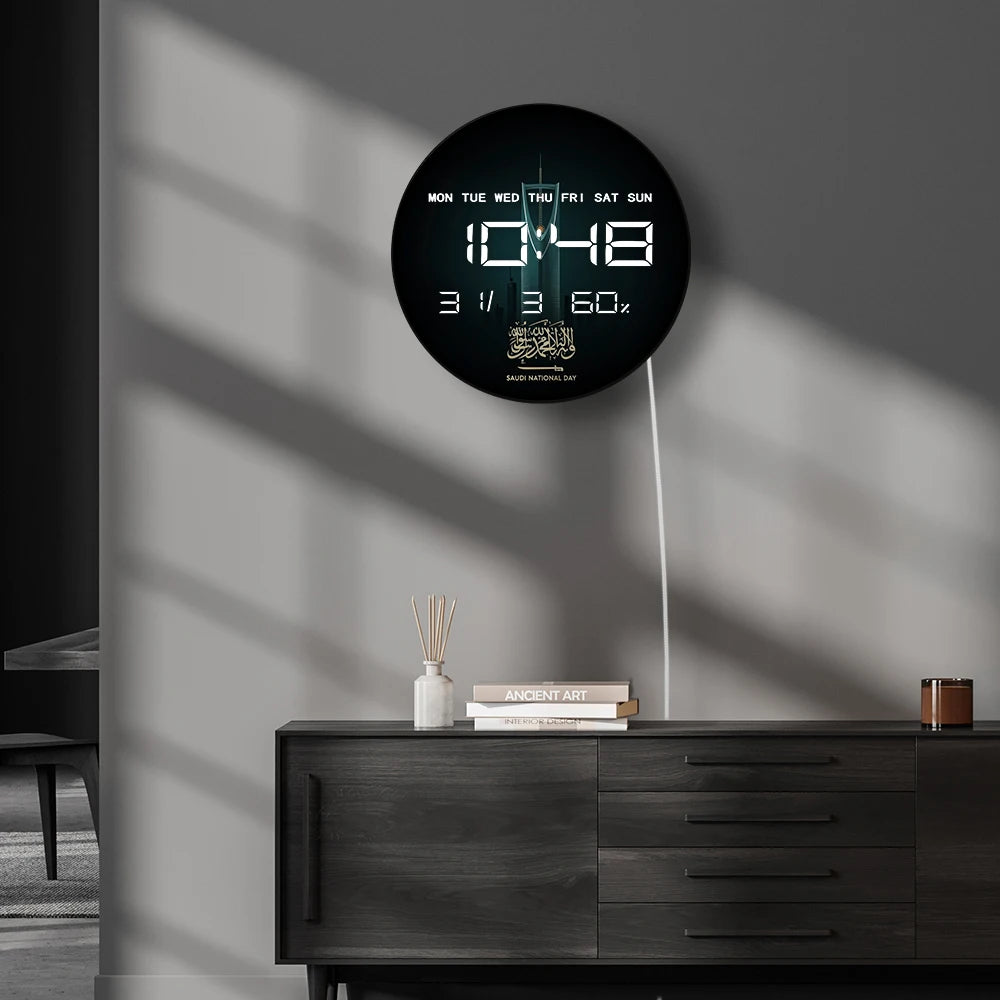 Saudi National Day Calligraphy LED Digital Wall Clock with Timer Date Temperature Display Saudi Skyscraper Electric Wall Clock