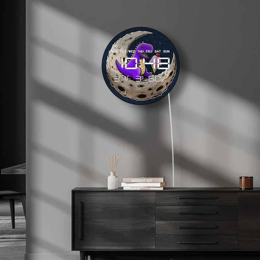 Dinosaur Eating Ice Cream on Moon Electric Wall Clock with Temperature Humidity Date Big Display Calendar LED Digital Wall Clock
