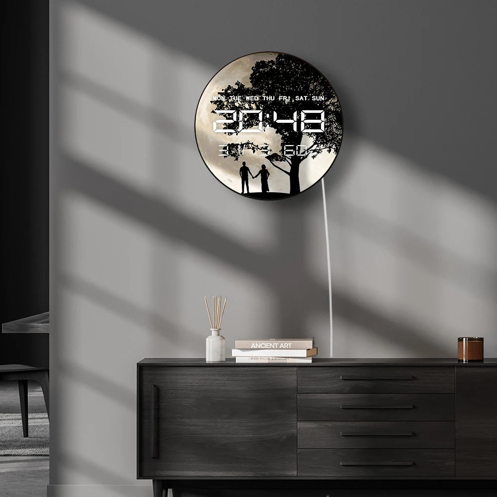 Valentines Silhouette Full Moon LED Digital Clock Timer with Calendar Date Temperature Romantic Home Decor Electronic Wall Clock