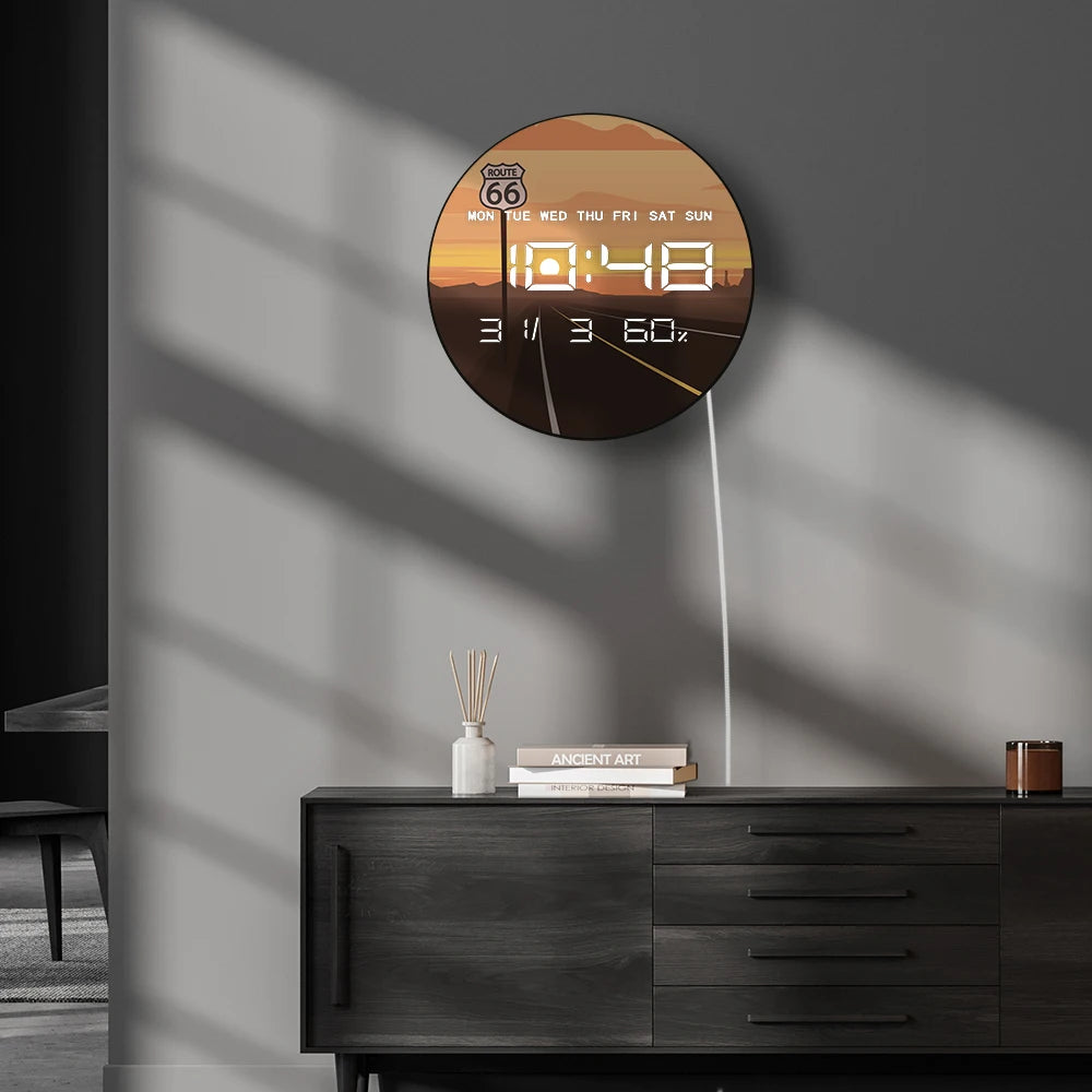 Route 66 Scene Classic Road Electronic Wall Clock Big Number Display USA Landscapes Home Decor Timepieces LED Digital Wall Clock