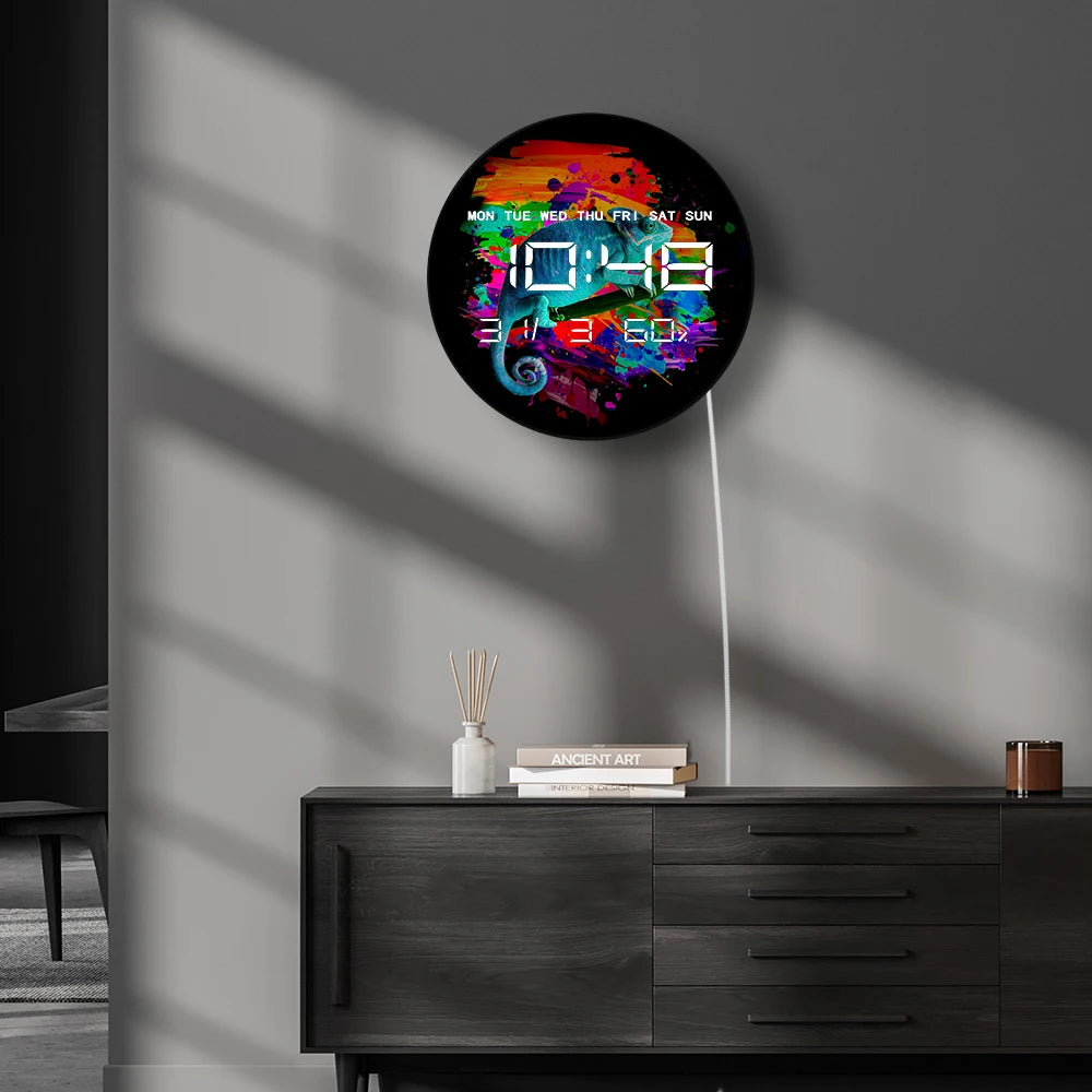 Vibrant Chameleon LED Digital Wall Clock Large Display Calendar Animal Artwork Home Decor Modern Design Electronic Wall Clock