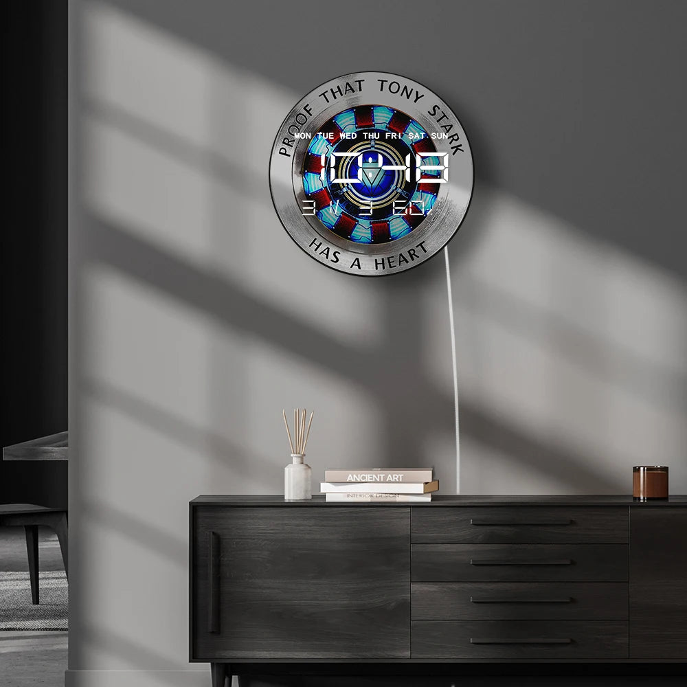 Proof That Tony Stark Has a Heart LED Digital Wall Clock For Teenage Room Superhero Arc Reactor Modern Electronic Wall Clock
