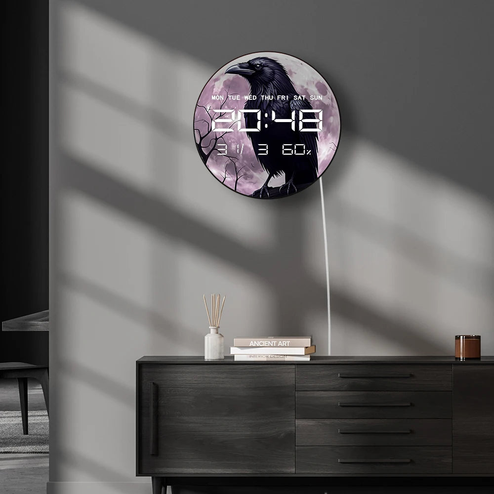 Gothic Raven On Tree Purple Moon Smart Dimming LED Wall Digital Clock Timer 12/24hour Electronic Wall Clock with Jumbo Numbers