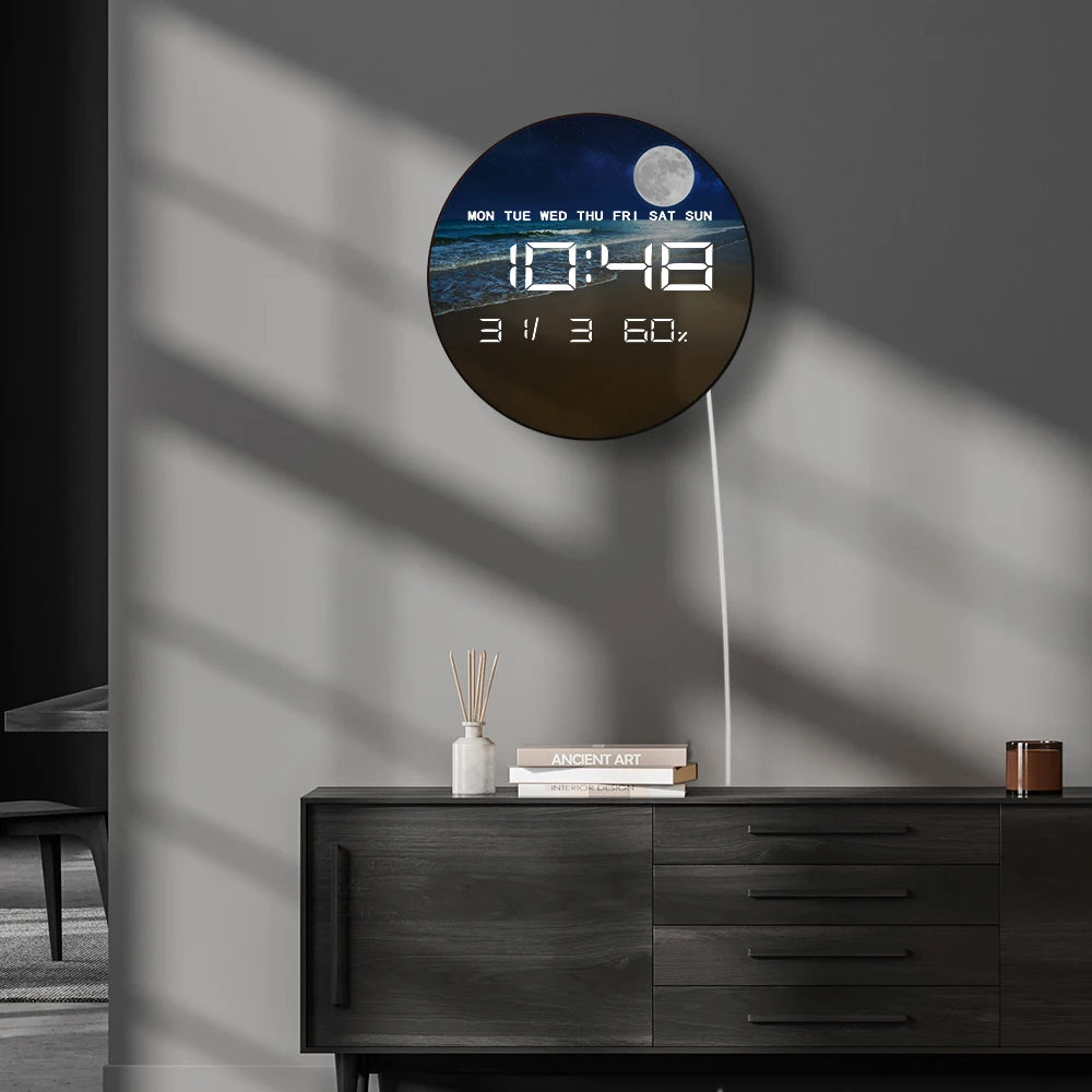 Full Moon over the Sea with Tropical Beach LED Digital Wall Clock with Calendar Temperature Auto Dimming 12/24hr Electric Clock