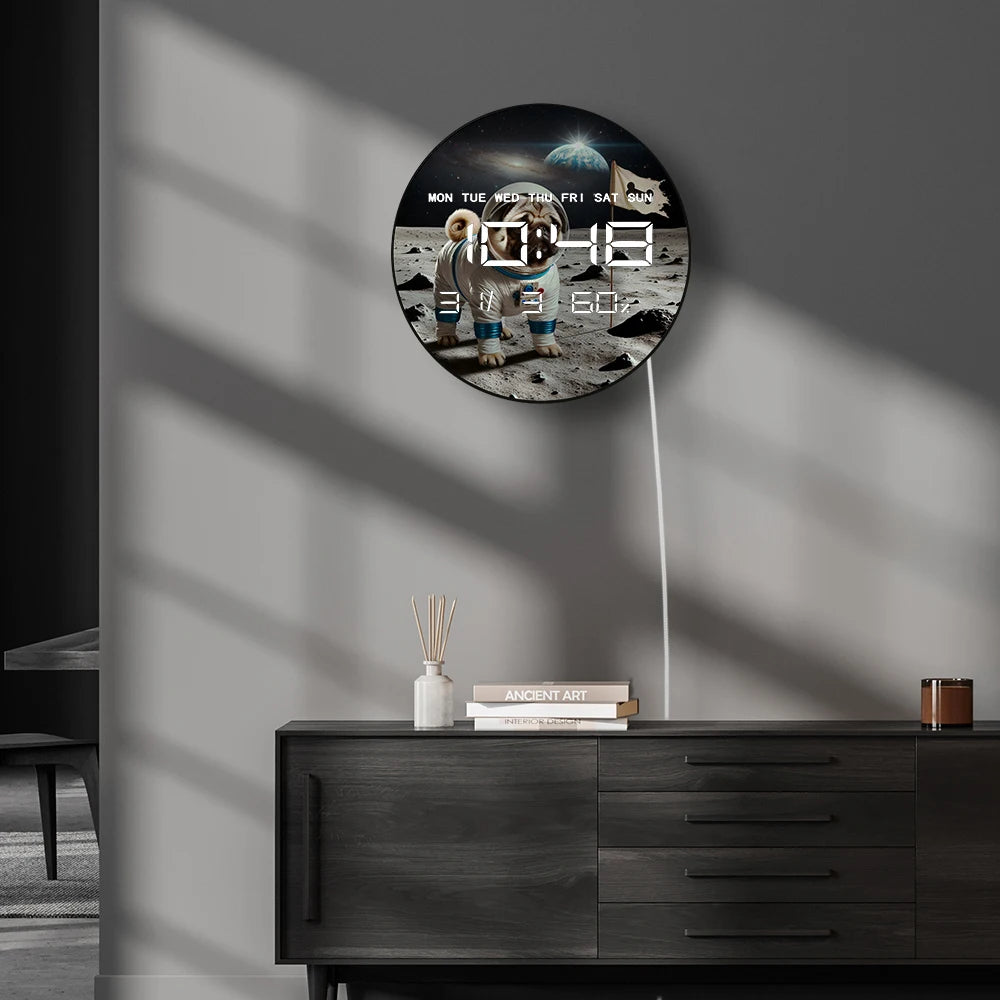 Pug Landing Moon Digital Wall Clock with LED Display Calendar Temperature Automatic Dimming 12/24hr Format Electronic Wall Clock