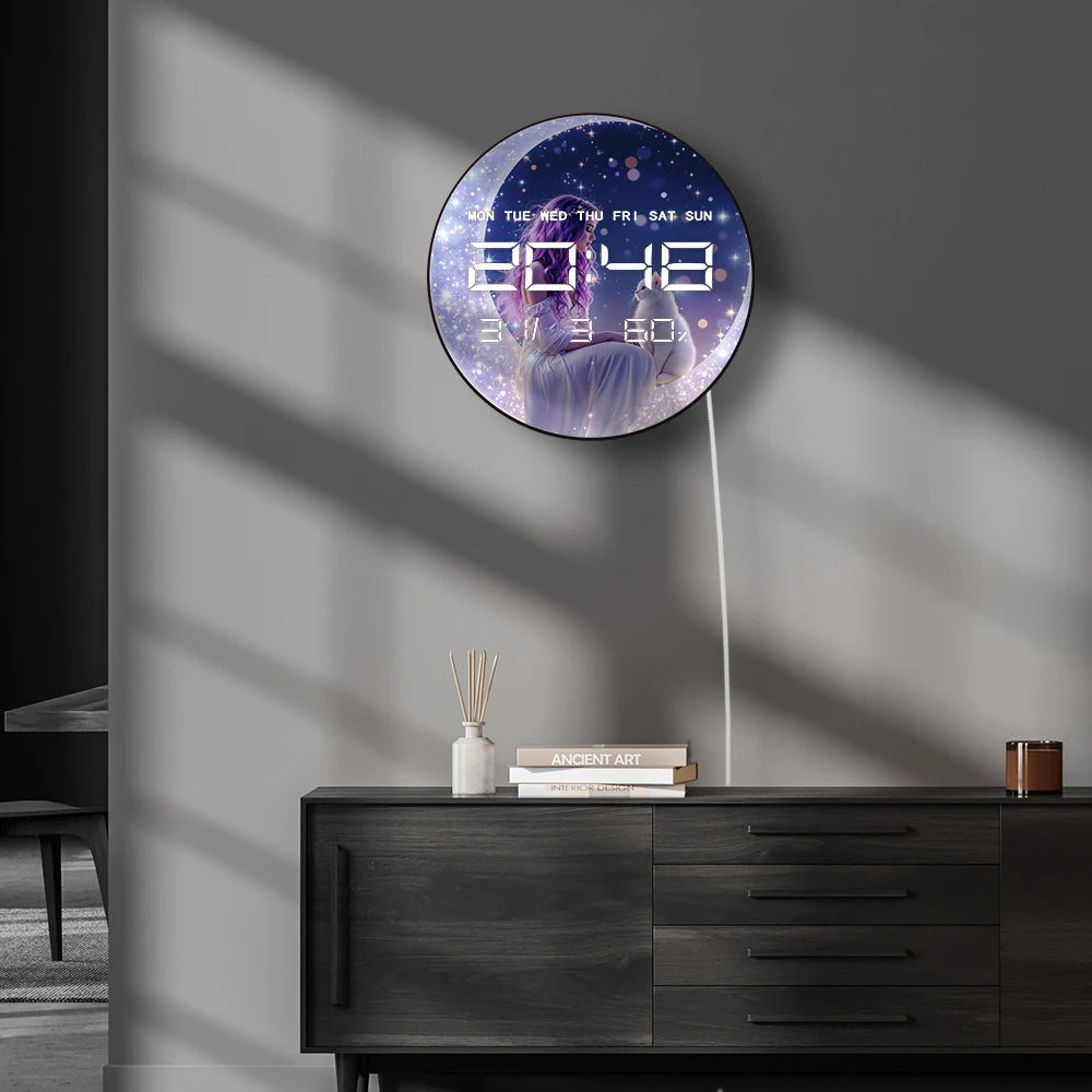 Magic Fairy with Cat Auto Dimming LED Digital Wall Clock Milky Way Stars Home Decor Crescent Moon 12/24 Hour Electric Wall Clock