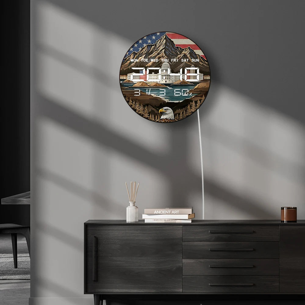 Tennessee Mountains With American Flag Eagle LED Digital Wall Clock Patriotic Home Decor 12/24hour Timer Electronic Wall Clock