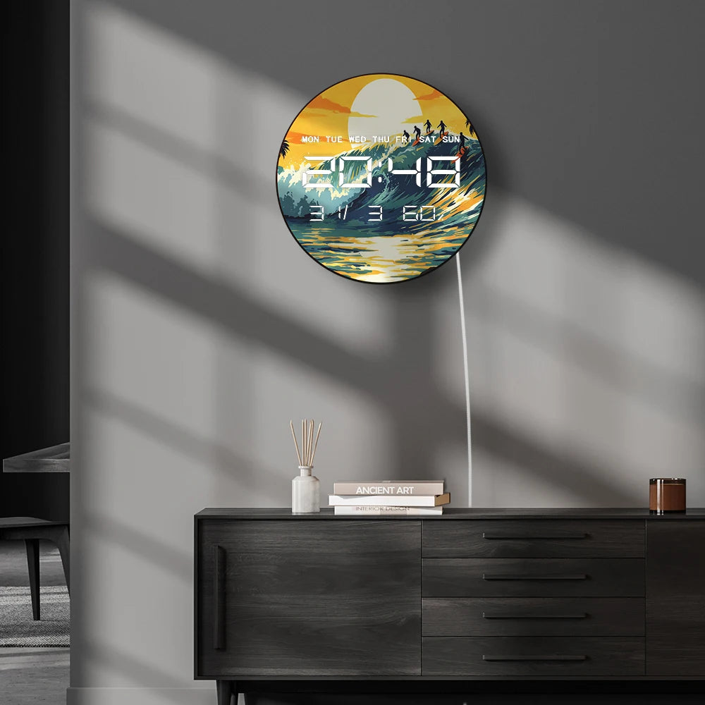 Sunset Surfing Auto Dimming LED Digital Wall Clock with Date Calendar Temperature Seaside Beach Home Decor Electronic Wall Clock