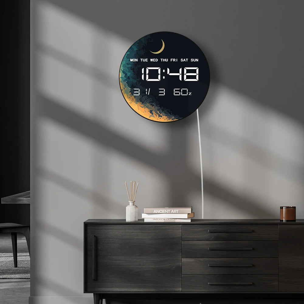 Planet with Moon Electronic Clock Wall Desk Use Moonlight Home Decor Digital Wall Clock with LED Display Calendar Temperature