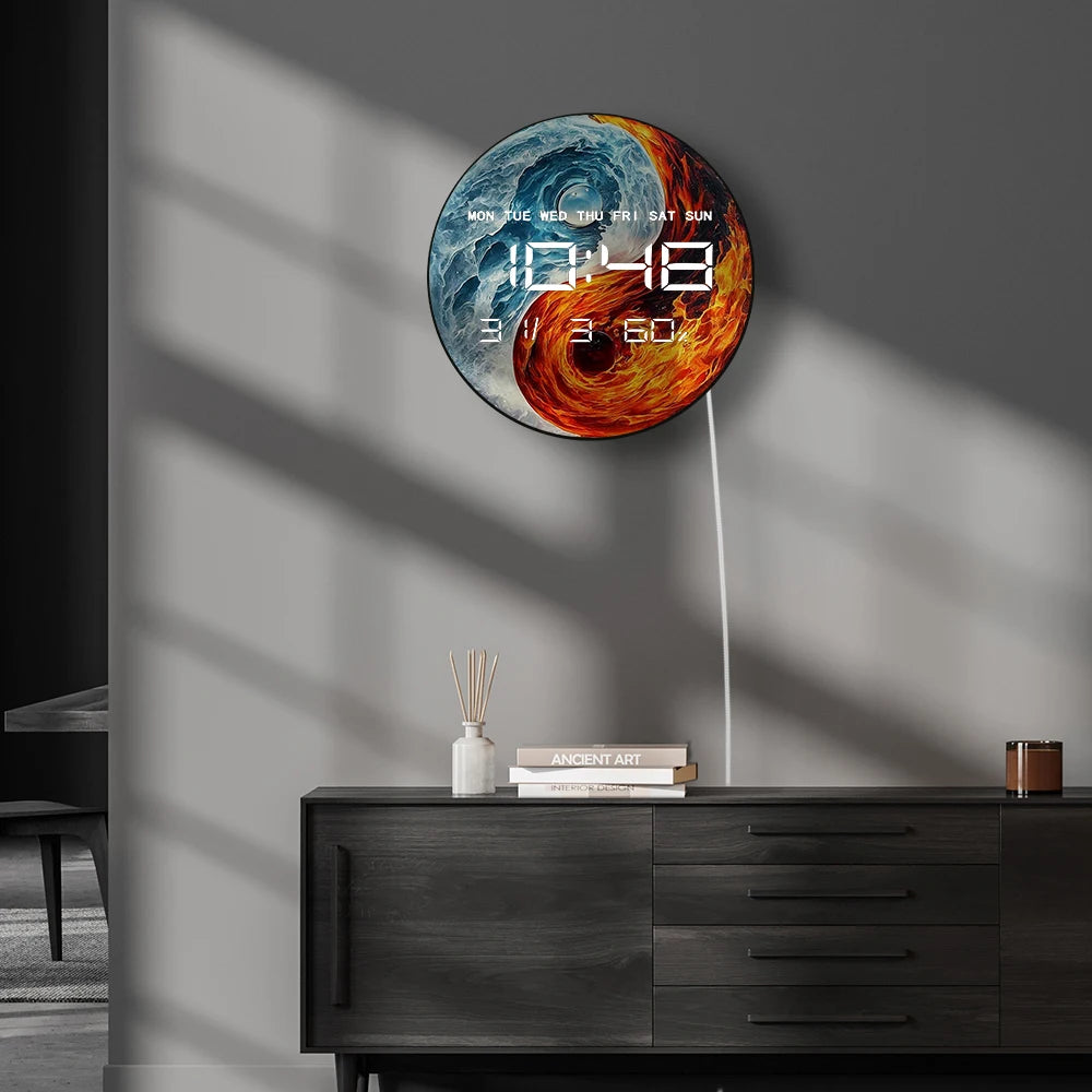 Fire and Ice Ying Yang Electric Wall Clock 12/24hour Timer Date Temperature Balance Spiritual Home Decor LED Digital Wall Clock