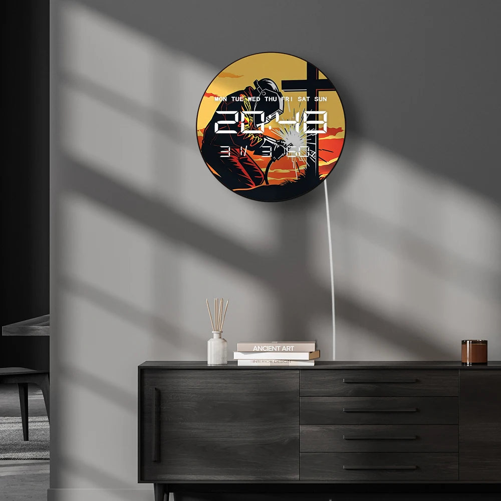 Welding the Cross Auto Dimming LED Digital Wall Clock Religious Home Decor 12/24hour Electronic Wall Clock Christian Welder Gift