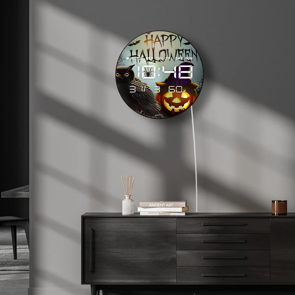 Halloween Owl Home Decor Electronic Wall Clock with Timer Calendar Date Temperature Auto Dimming LED Digital Display Wall Clock