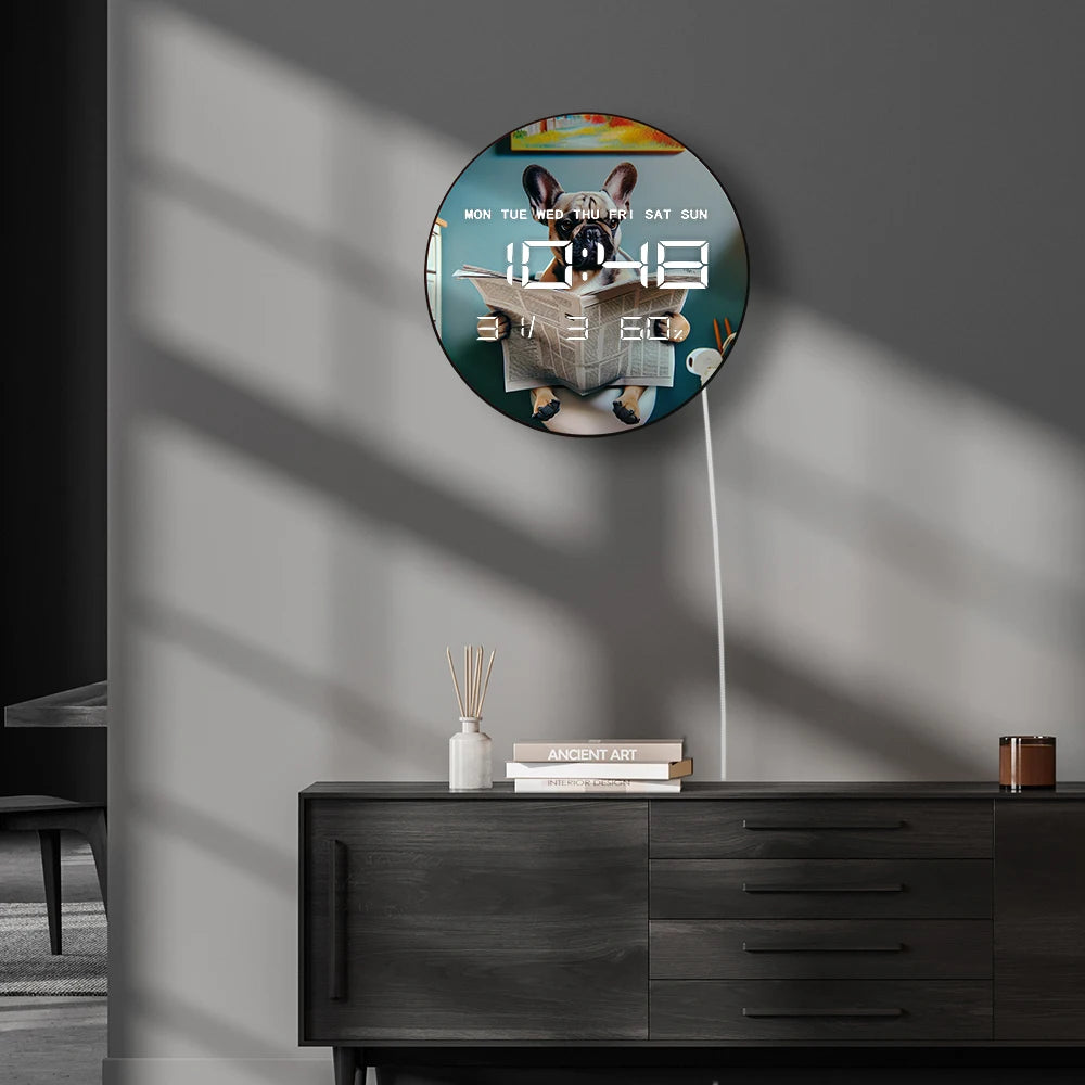 French Bulldog Reading Newspaper On Toilet Auto Dimming LED Digital Wall Clock with Electric Timer Date Temperature 12/24hour