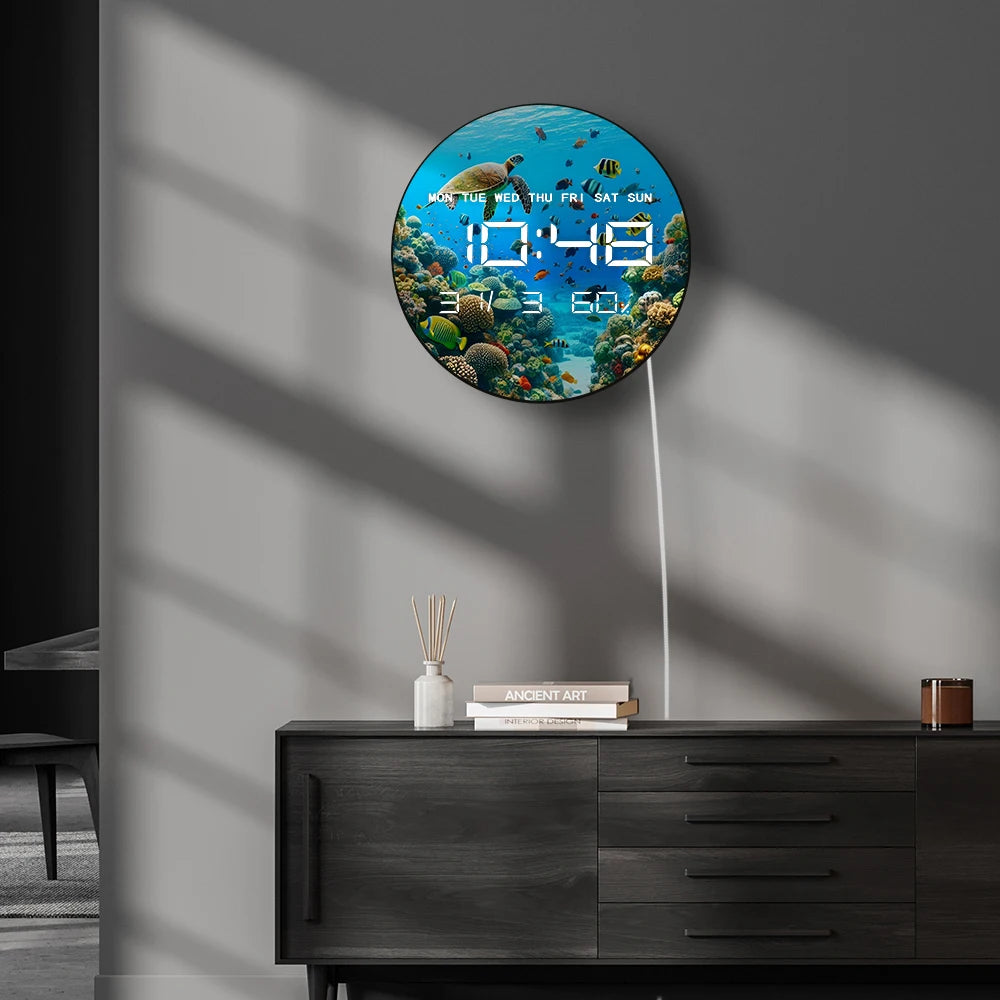 Under The Sea World Ocean LED Digital Wall Clock with Calendar Temperature Auto Dimming 12/24hr Format Electronic Wall Clock