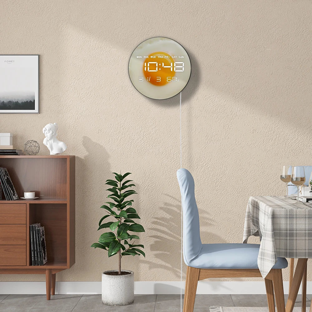 Sunny Side Up Breakfast Fried Egg Kithcen Wall Clock With LED Digital Time Display Scrambled Eggs Modern Electronic Wall Clock