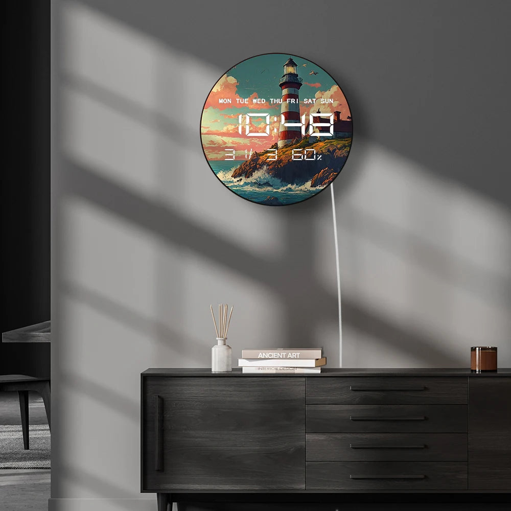 Nautical Lighthouse LED Digital Wall Clock with Calendar Date Temperature for Beach House 12/24hour Format Electronic Wall Clock