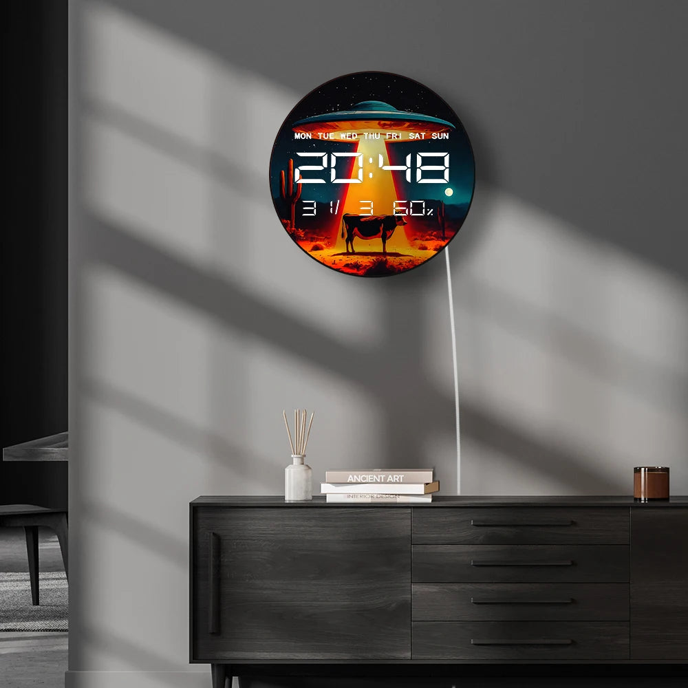 Retro Alien UFO Abduction Cow 12/24 Hour Electronic Wall Clock Western Home Decor Timepieces Auto Dimming LED Digital Wall Clock