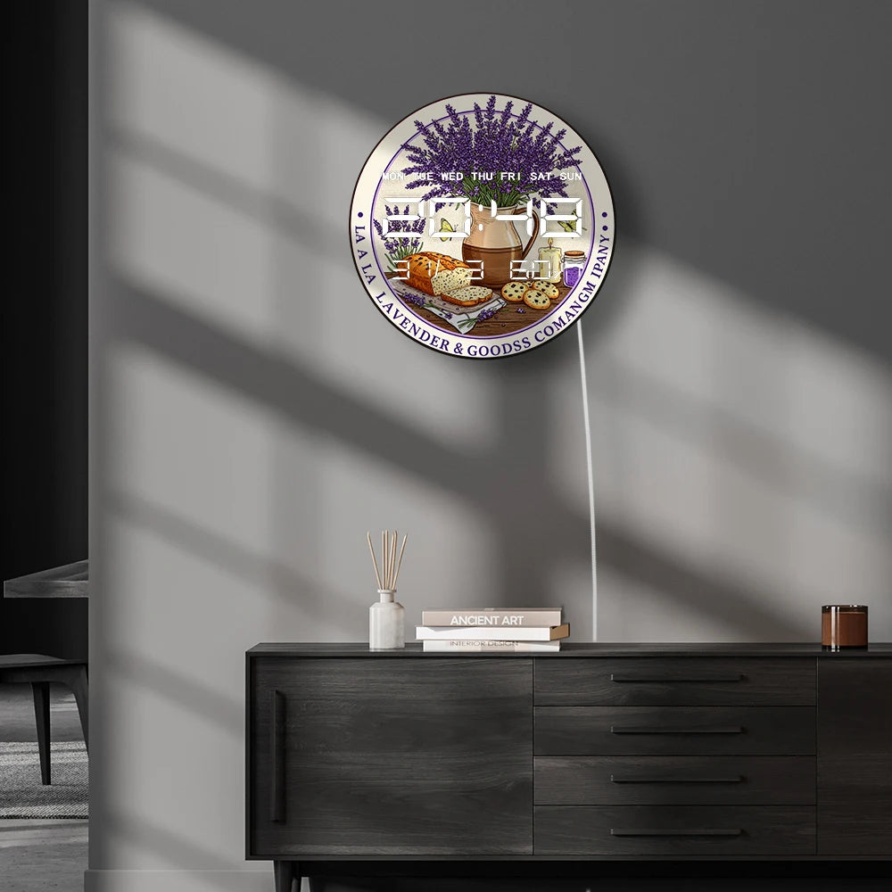 Lavender Flower with Bread Cookies LED Digital Wall Clock for Kitchen Dinning Room Home Decor Dual Purpose Electronic Wall Clock