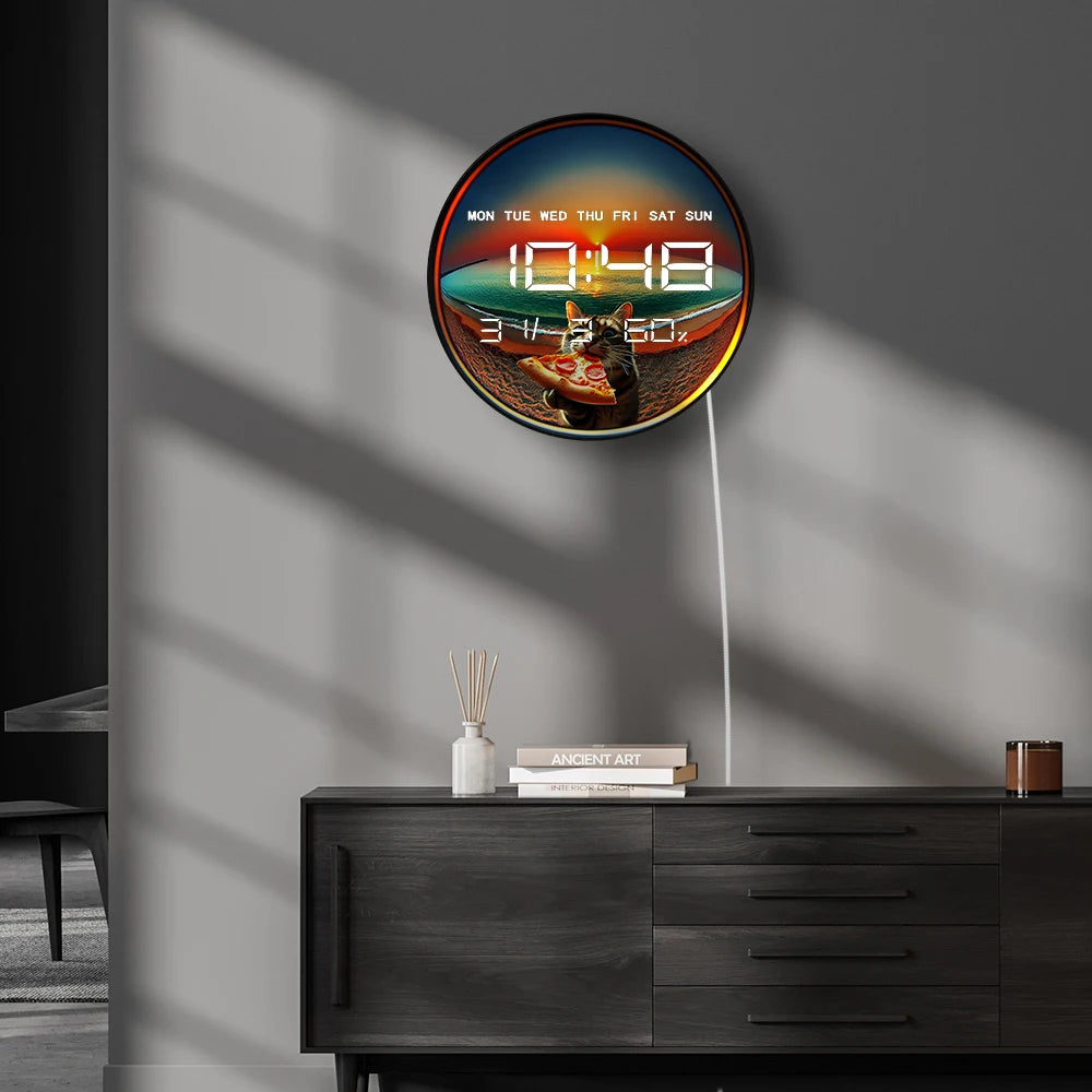Cat Eating Pizza Electronic Wall Clock with Temperature Humidity Calendar Date Large Display LED Auto Dimming Digital Wall Clock