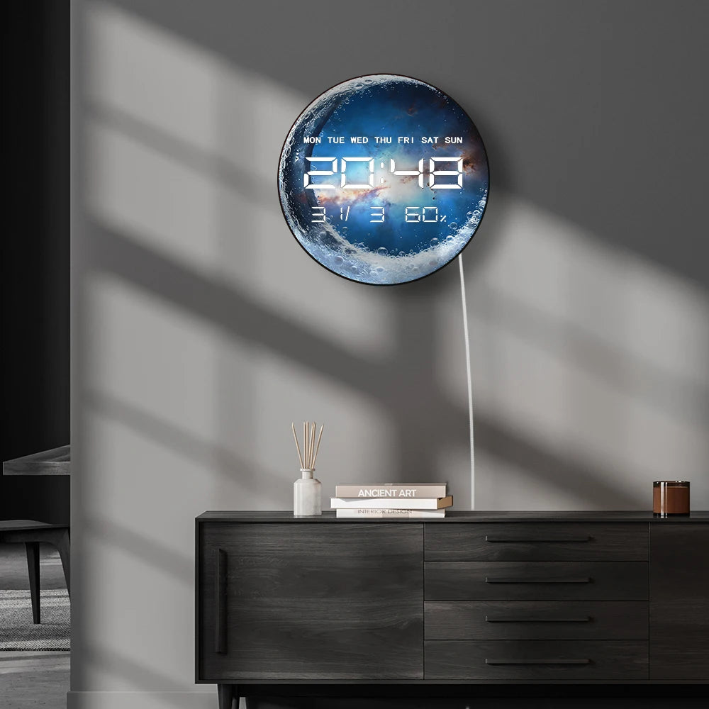 Clear Glass Crescent Moon LED Digital Wall Clock with Calendar Date Temperature Universe Home Decor 12/24hr Electric Wall Clock