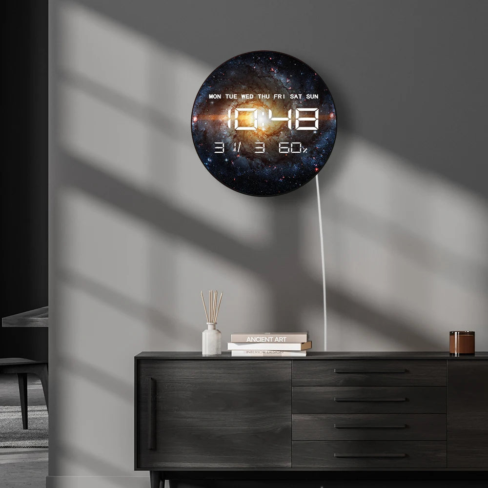 Nebula Galaxy with Stars LED Digital Wall Clock with Calendar Date Temperature Auto Dimming 12/24hr Format Electronic Wall Clock