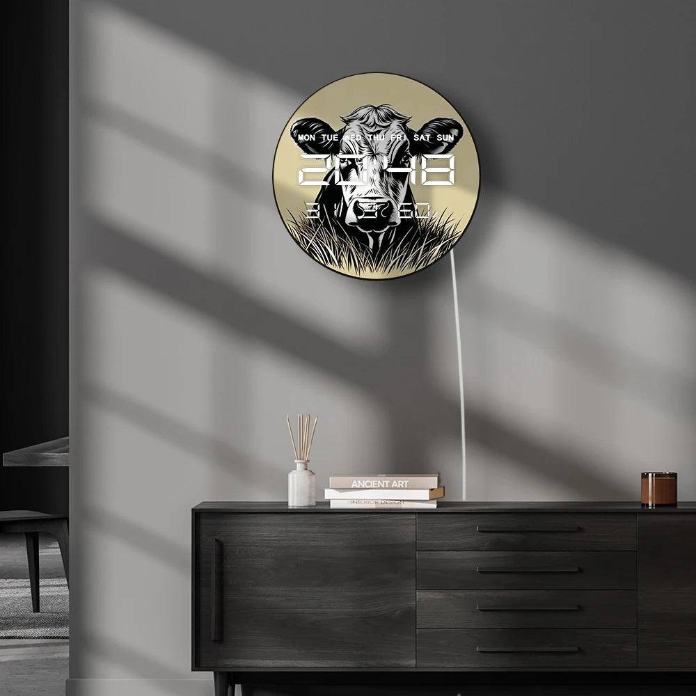 Cow Head Electronic Wall Clock for Farmhouse Animal Home Decor LED Digital Wall Clock with 12/24 Timer Calendar Date Temperature
