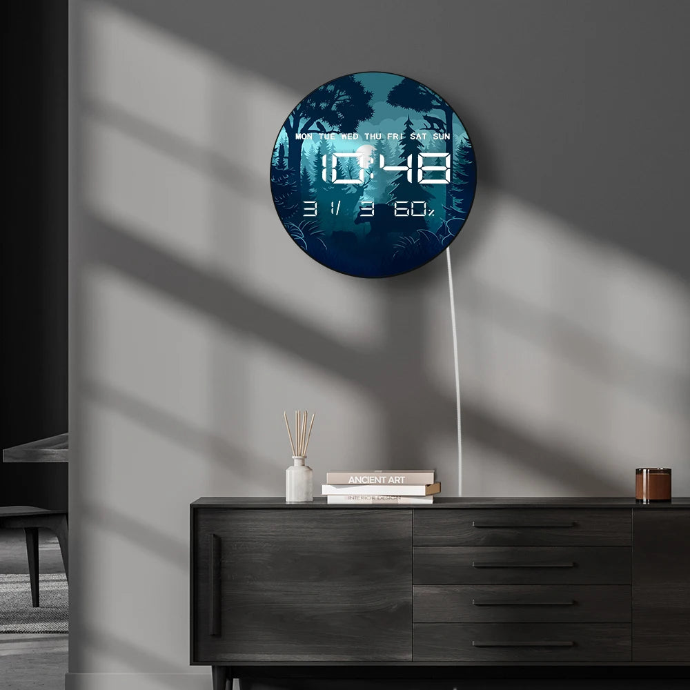 Woodland Night with Moon Large Digital Wall Clock Forest Animal Home Decor Timepieces LED Electronic Numeric Clock Wall Desk Use