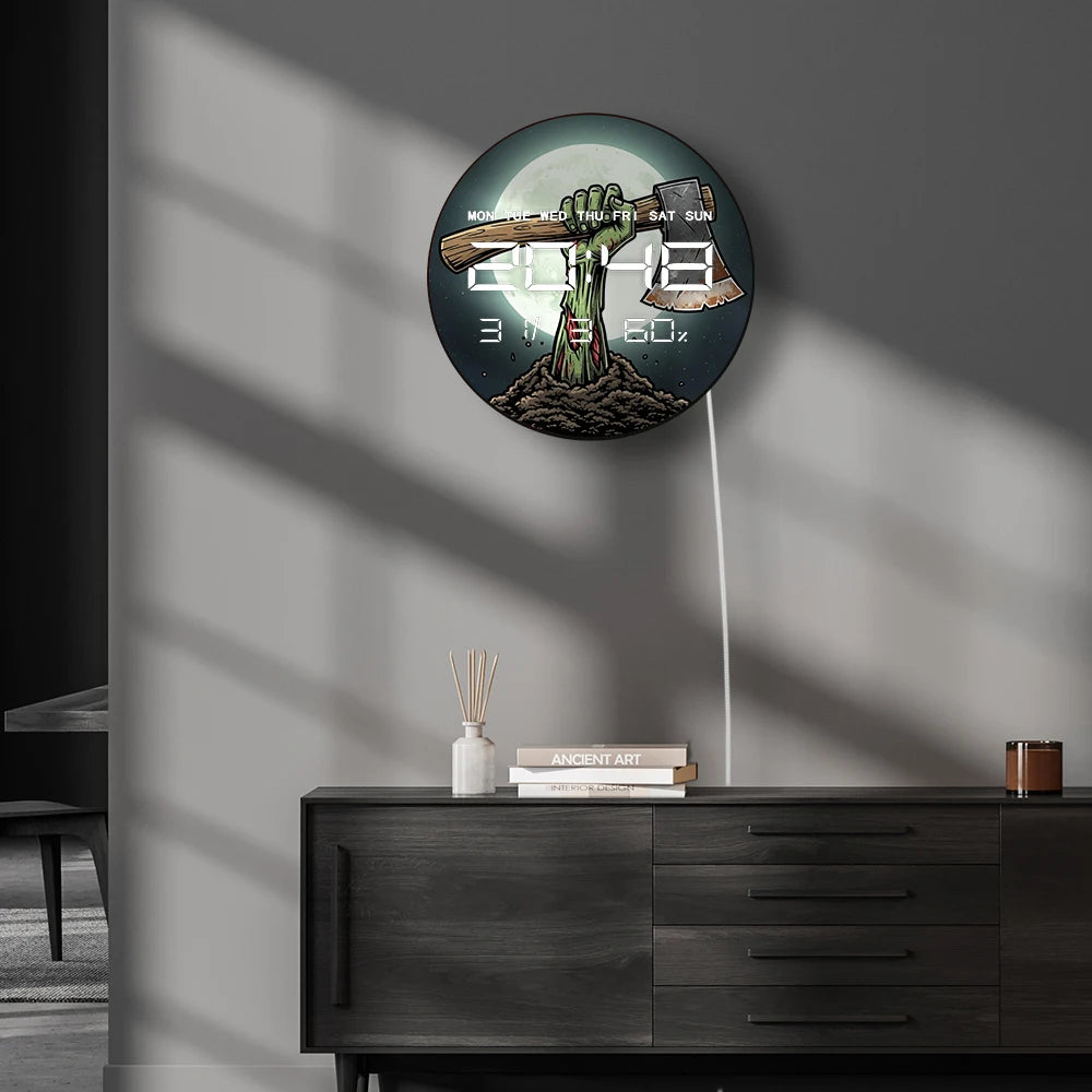 Zombie Arm Holding Axe with Full Moon Electronic Wall Clock with 12/24hr LED Digital Display Calendar Date Temperature Humidity
