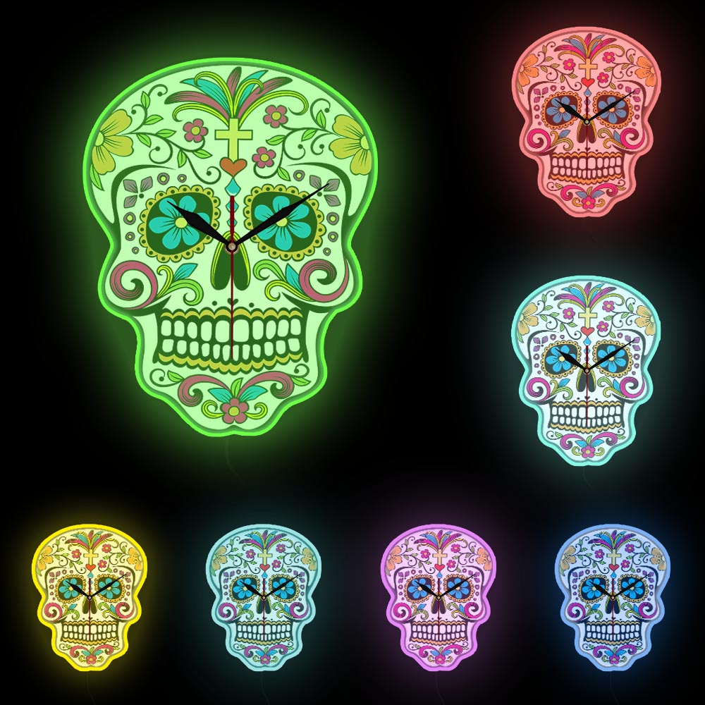 Floral Sugar Skull Wall Clock