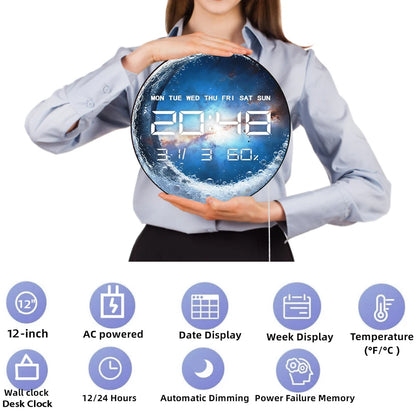 Clear Glass Crescent Moon LED Digital Wall Clock with Calendar Date Temperature Universe Home Decor 12/24hr Electric Wall Clock