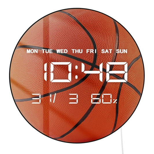 Basketball Ball LED Digital Large Number Wall Clock for Teen Boys Room Electric Auto Dimming Wall Desk Clock For Basketball Fans
