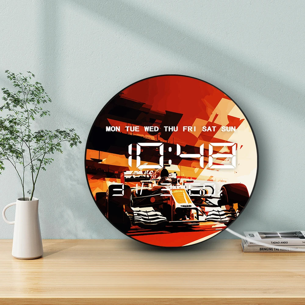 Motorsport Car Racing Big Digital Wall Clock Performance Car Electronic Wall Clock LED Display Calendar Temperature Auto Dimming