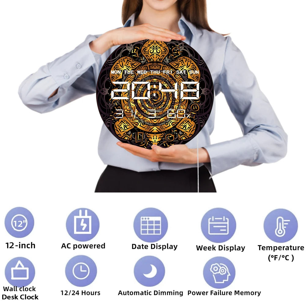Golden Tribal Sea Turtle Electronic Wall Clock Totemic Animal Toned Maori Home Decor Timer Smart Dimming LED Digital Wall Clock