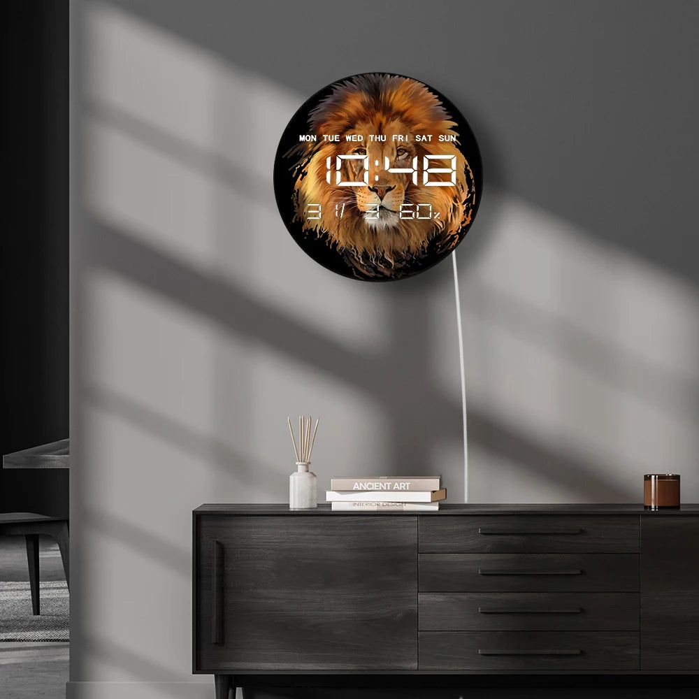 Lion Portrait Electronic Wall Clock Large Numeric Display Wild Animal African Home Decor Multifunctional LED Digital Wall Clock