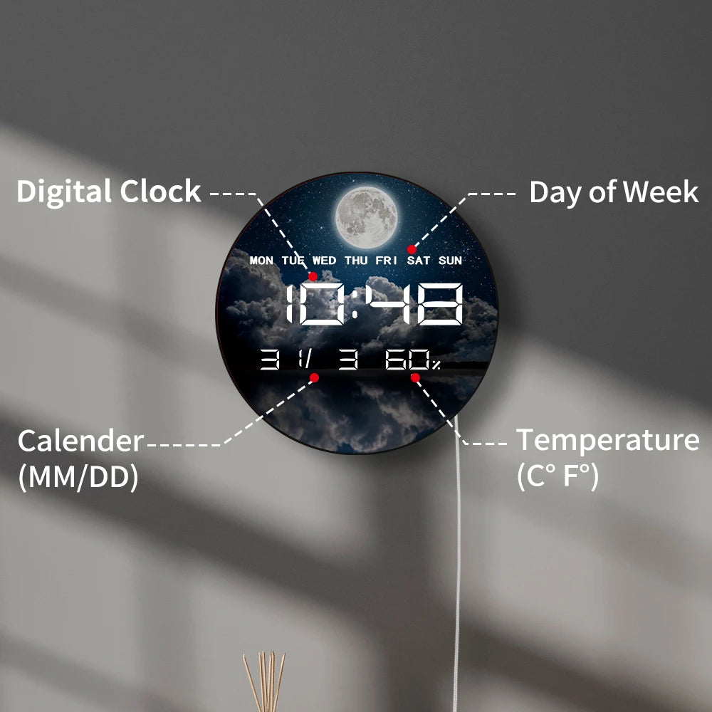 Night Sky with Stars Moon Clouds LED Digital Clock with Temperature Humidity Calendar Date Large Display Electronic Wall Clock