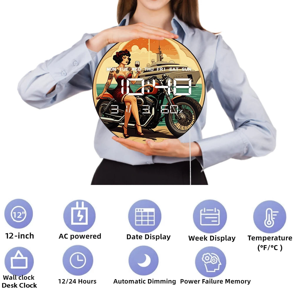 Pinup Style Tattoo Lady with Motorcycle LED Digital Wall Clock Big Display Electronic Wall Clock with Temperature Calendar Date