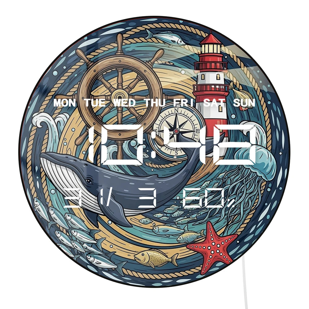 Nautical Whale LED Digital Clock Wall Desk Use Retro Maritime Artwork Multifunctional 12/24hour Format Electronic Wall Clock