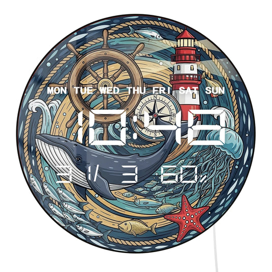 Nautical Whale LED Digital Clock Wall Desk Use Retro Maritime Artwork Multifunctional 12/24hour Format Electronic Wall Clock