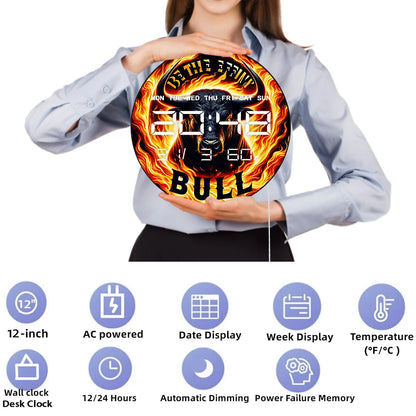 Fiery Bull with Flame Electronic Wall Clock Big LED Digital Wall Clock with Calendar Date Temperature Majestic Animal Home Decor